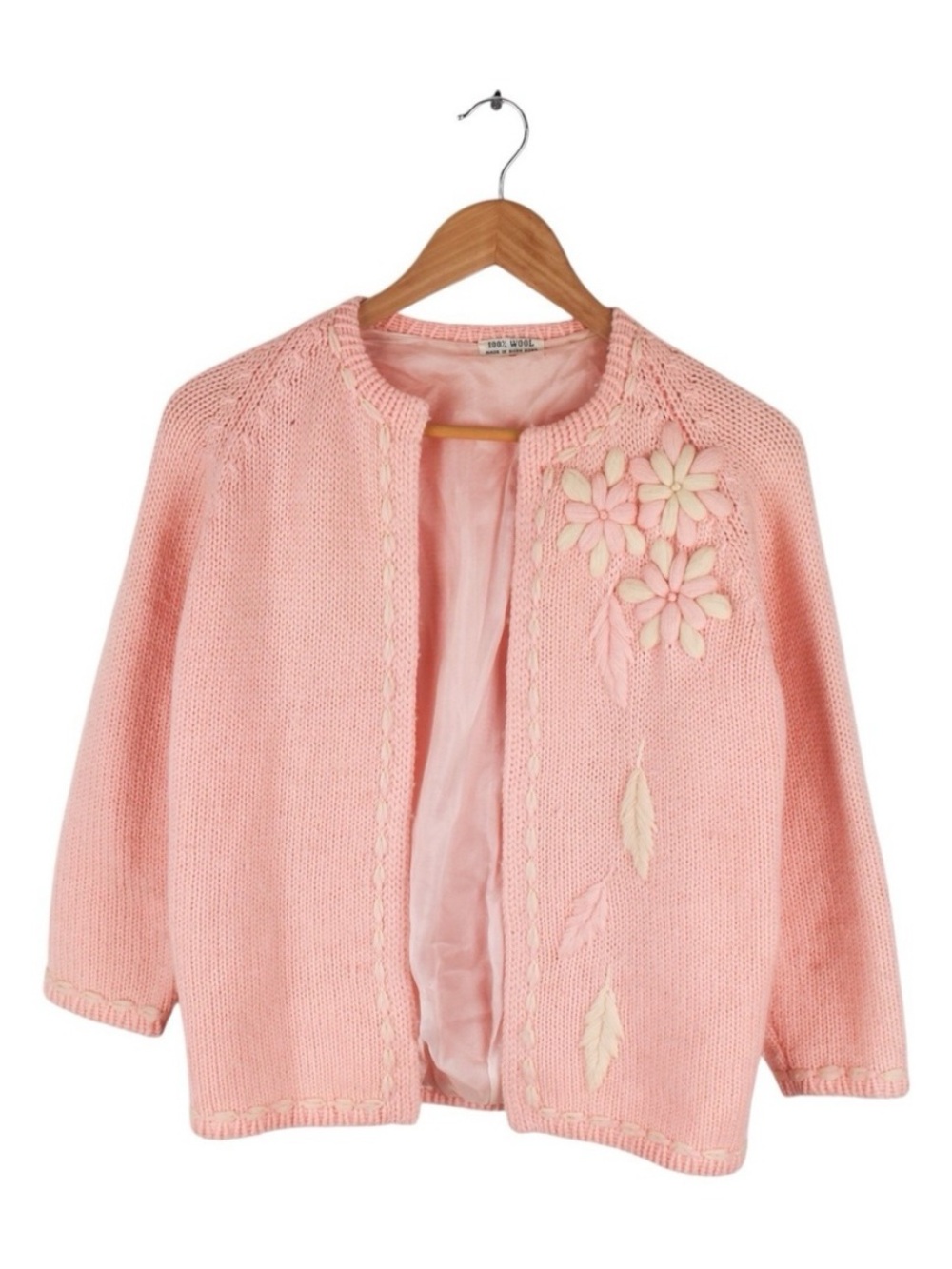 Vintage 70s Pink Wool Cardigan 3D Floral Knit Embroidered Cottagecore